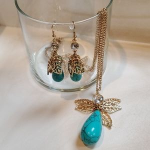 Turquoise and gold necklace and earring set